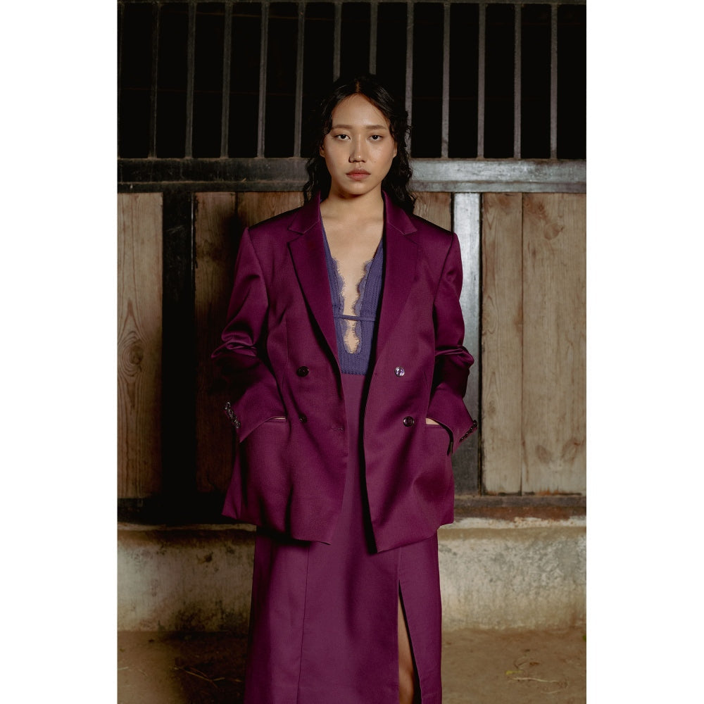 LABEL RAASA Burgundy Ren Blazer with Skirt (Set of 2)