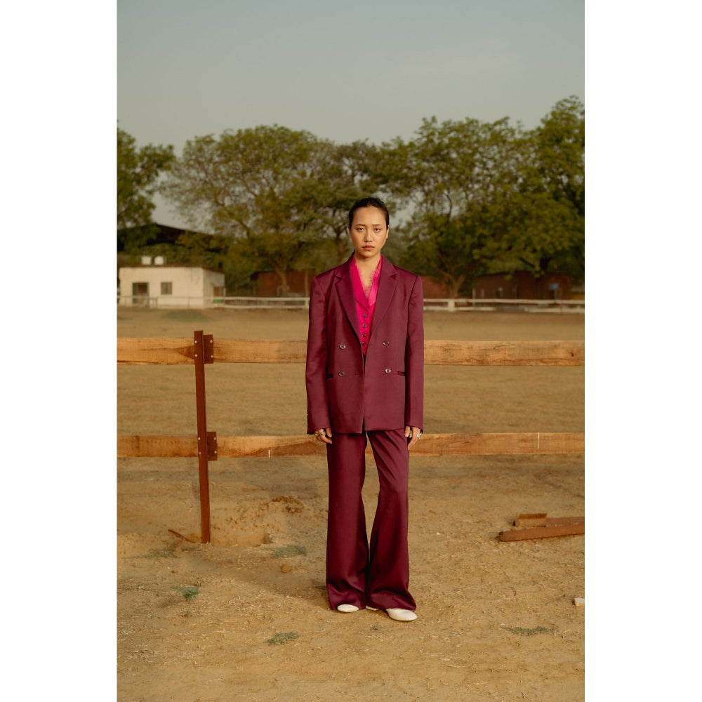 LABEL RAASA Burgundy Blazer with Pant (Set of 2)