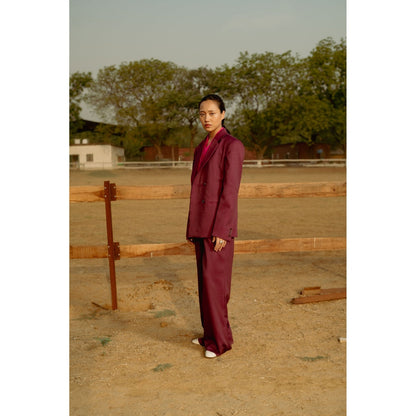LABEL RAASA Burgundy Blazer with Pant (Set of 2)