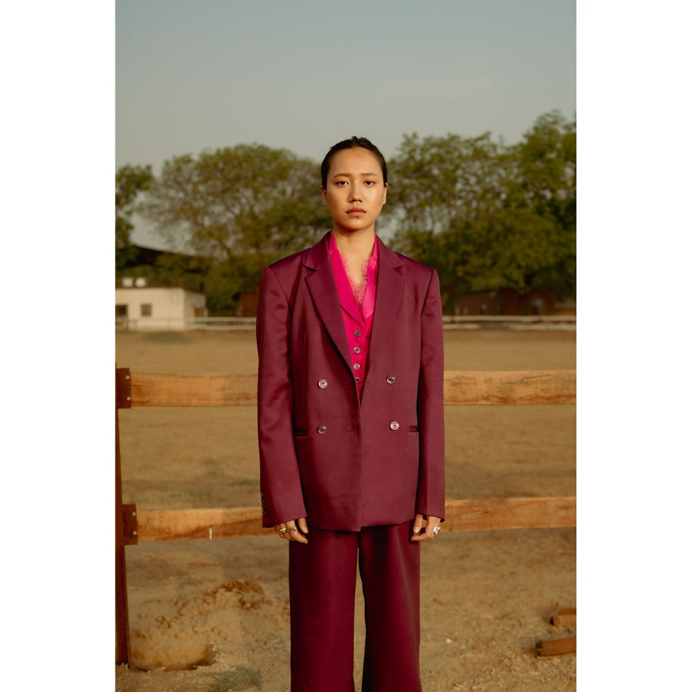 LABEL RAASA Burgundy Blazer with Pant (Set of 2)