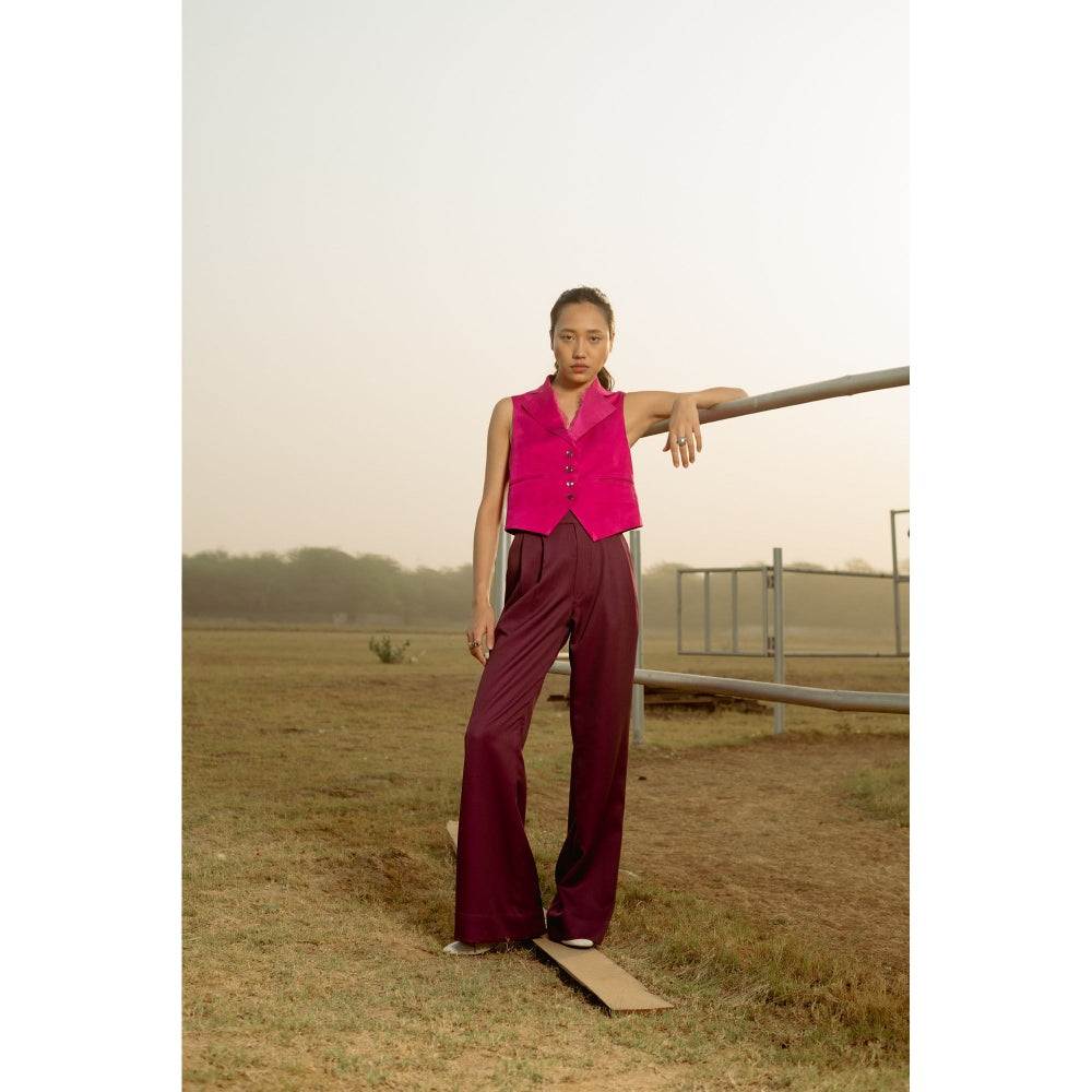 LABEL RAASA Burgundy Blazer with Pant (Set of 2)