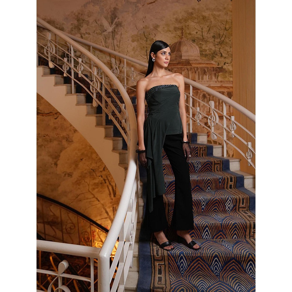 LABEL RUHBAB Green Embroidered Sequins Draped Top