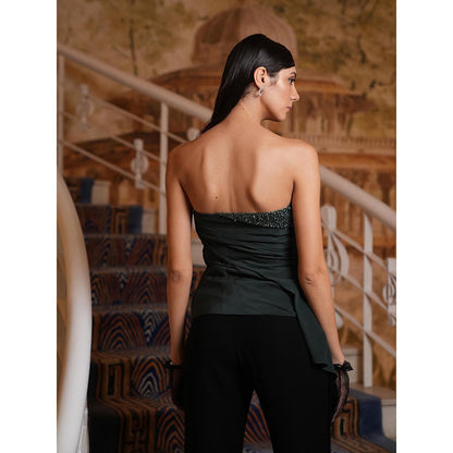 LABEL RUHBAB Green Embroidered Sequins Draped Top