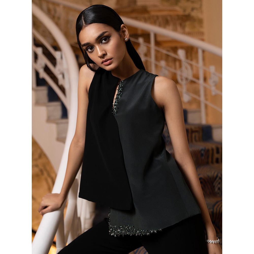 LABEL RUHBAB Dark Green Asymmetrical Silk Crepe Top with Pant (Set of 2)