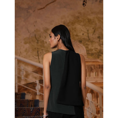 LABEL RUHBAB Dark Green Asymmetrical Silk Crepe Top with Pant (Set of 2)