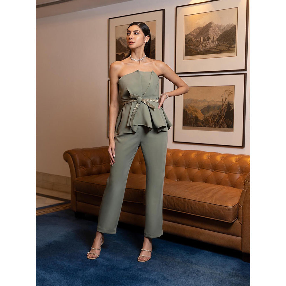 LABEL RUHBAB Olive Draped Corset Top with Attached Belt and Pant (Set of 2)