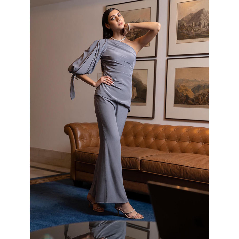 LABEL RUHBAB Grey Draped Silk Crepe One Shoulder Co-Ord (Set of 2)