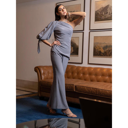 LABEL RUHBAB Grey Draped Silk Crepe One Shoulder Co-Ord (Set of 2)