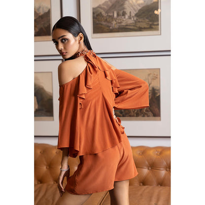 LABEL RUHBAB Tan Draped Silk Crepe Ruffle Top and Shorts (Set of 2)