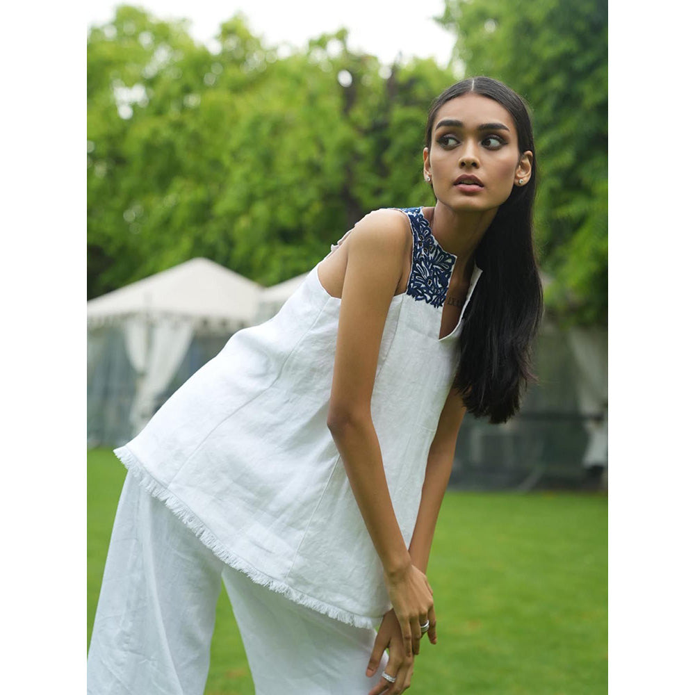 LABEL RUHBAB White Pure Linen Fluid Top and Pant (Set of 2)