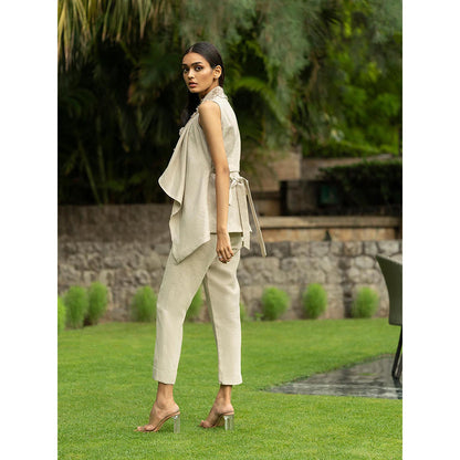 LABEL RUHBAB Beige Pure Linen Jacket with Pant (Set of 2)