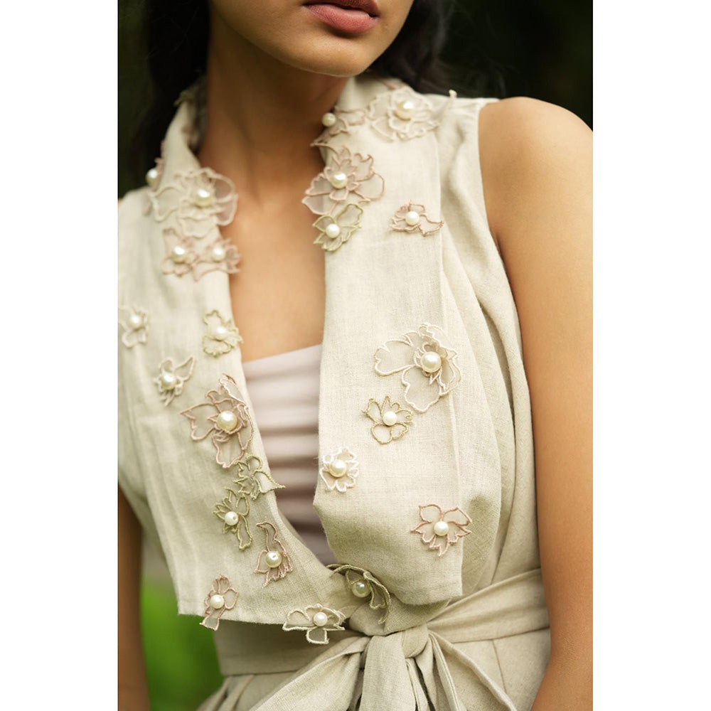 LABEL RUHBAB Beige Pure Linen Jacket with Pant (Set of 2)