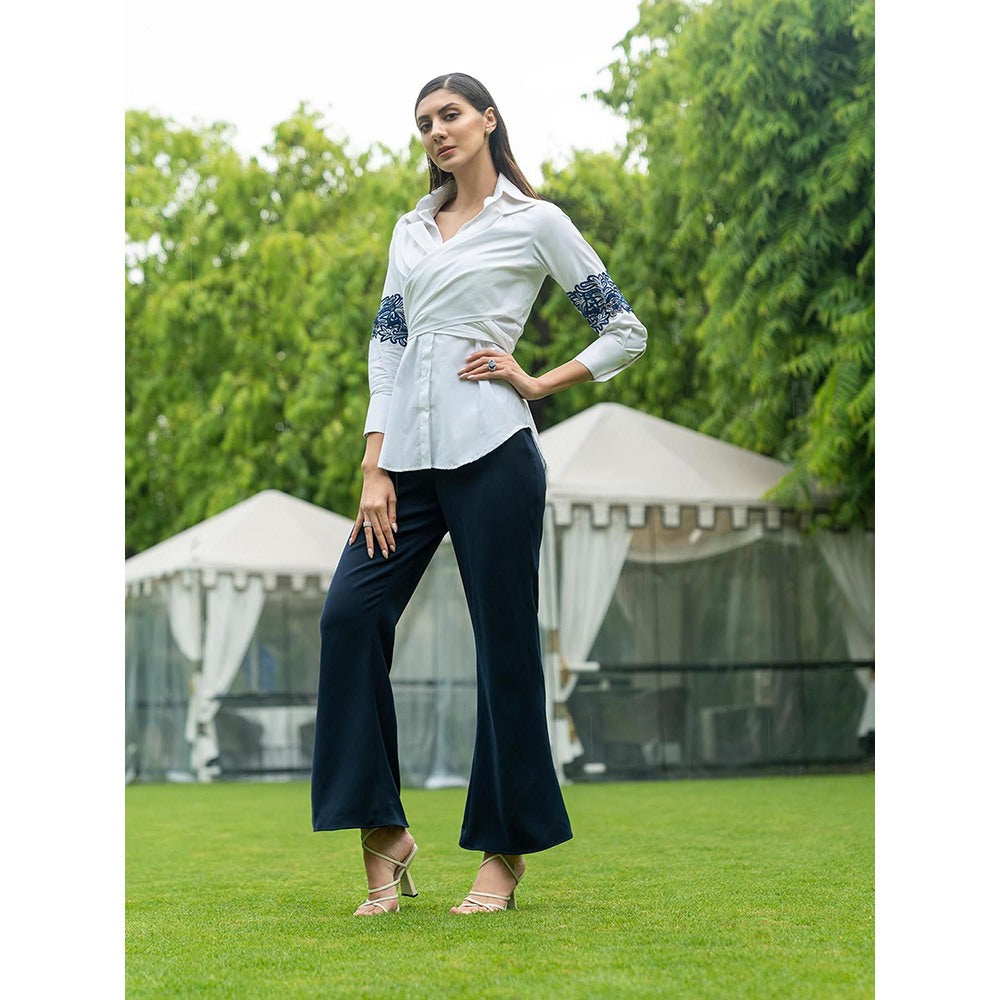 LABEL RUHBAB White Premium Italian Cotton Shirt , Draped Tie Up Detail