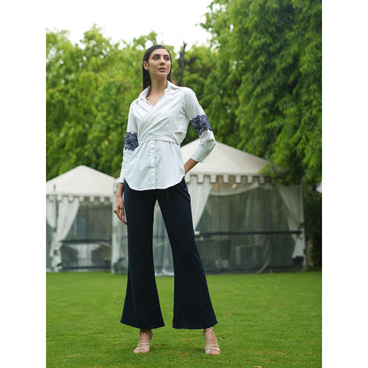 LABEL RUHBAB White Premium Italian Cotton Shirt , Draped Tie Up Detail