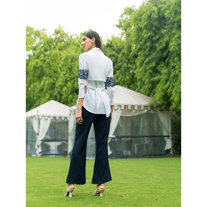 LABEL RUHBAB White Premium Italian Cotton Shirt , Draped Tie Up Detail