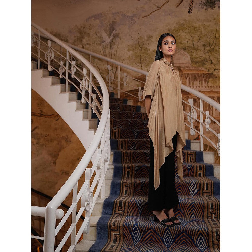 LABEL RUHBAB Beige Draped Silk Top with Pearl & Sequin Embroidery On The Collar