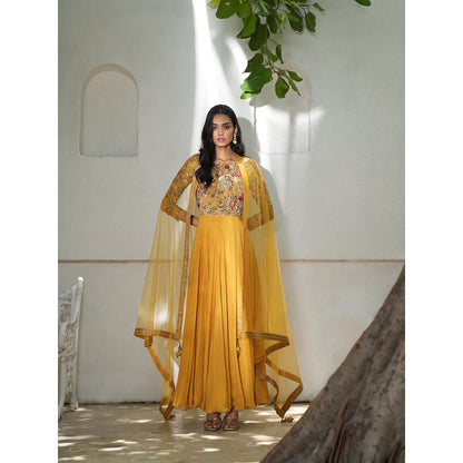 LABEL RUHBAB Mustard Silk Chiffon Anarkali with Pant and Net Dupatta (Set of 3)