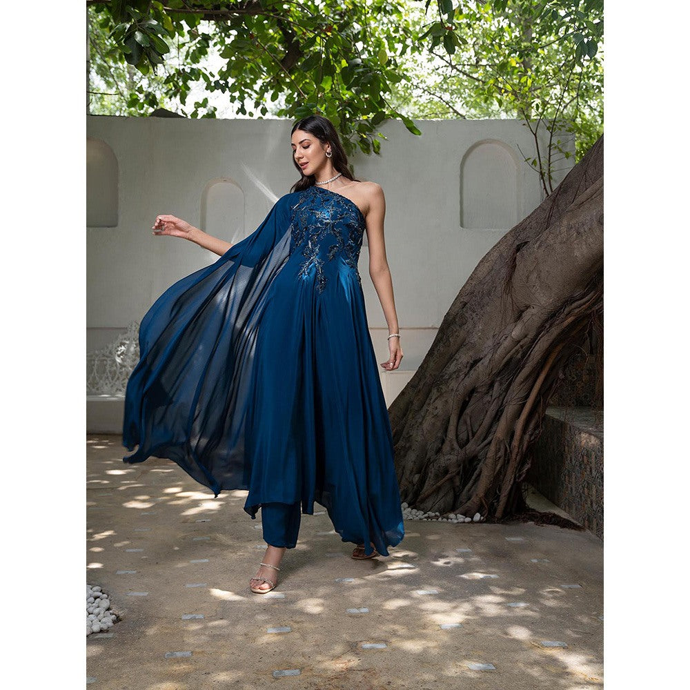 LABEL RUHBAB Blue One Shoulder Draped Silk Crepe Anarkali with Pant (Set of 2)