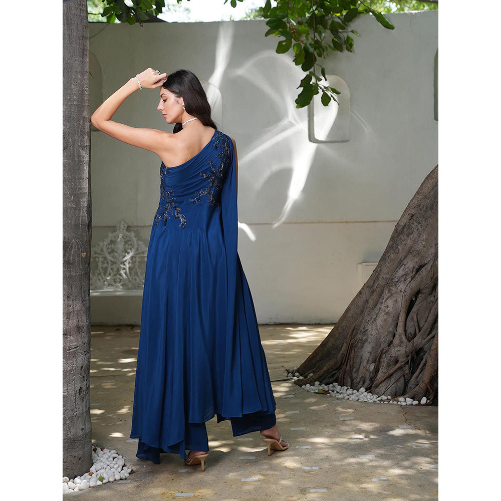 LABEL RUHBAB Blue One Shoulder Draped Silk Crepe Anarkali with Pant (Set of 2)