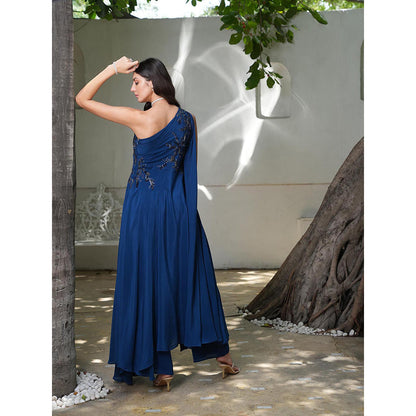LABEL RUHBAB Blue One Shoulder Draped Silk Crepe Anarkali with Pant (Set of 2)