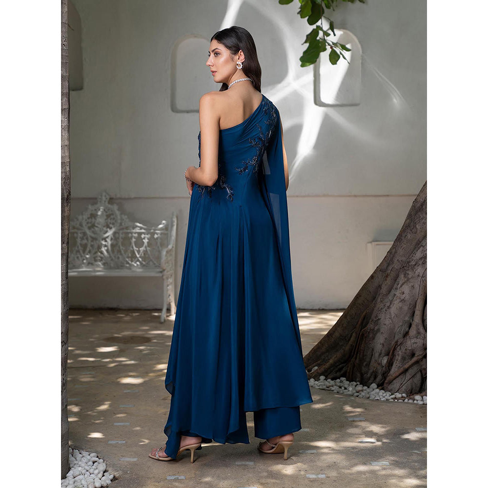 LABEL RUHBAB Blue One Shoulder Draped Silk Crepe Anarkali with Pant (Set of 2)