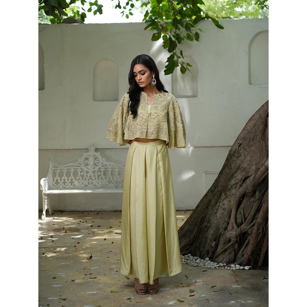 LABEL RUHBAB Beige Crop Jacket with Tube Top and Palazzo (Set of 3)