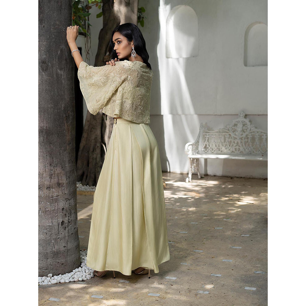 LABEL RUHBAB Beige Crop Jacket with Tube Top and Palazzo (Set of 3)