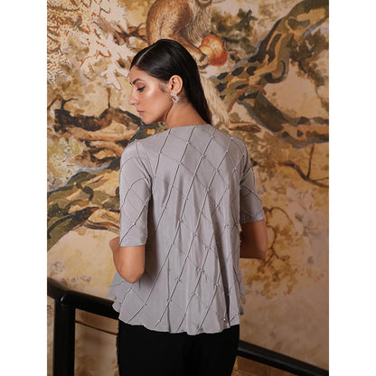 LABEL RUHBAB Grey Silk Crepe Top with Pintuck Detailing