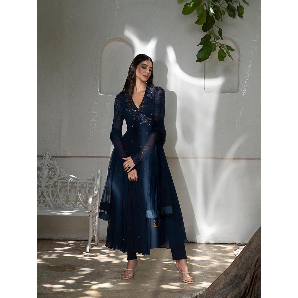 LABEL RUHBAB Navy Blue Silk Georgette Thread Angarkha with Pant and Dupatta