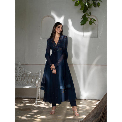 LABEL RUHBAB Navy Blue Silk Georgette Thread Angarkha with Pant and Dupatta