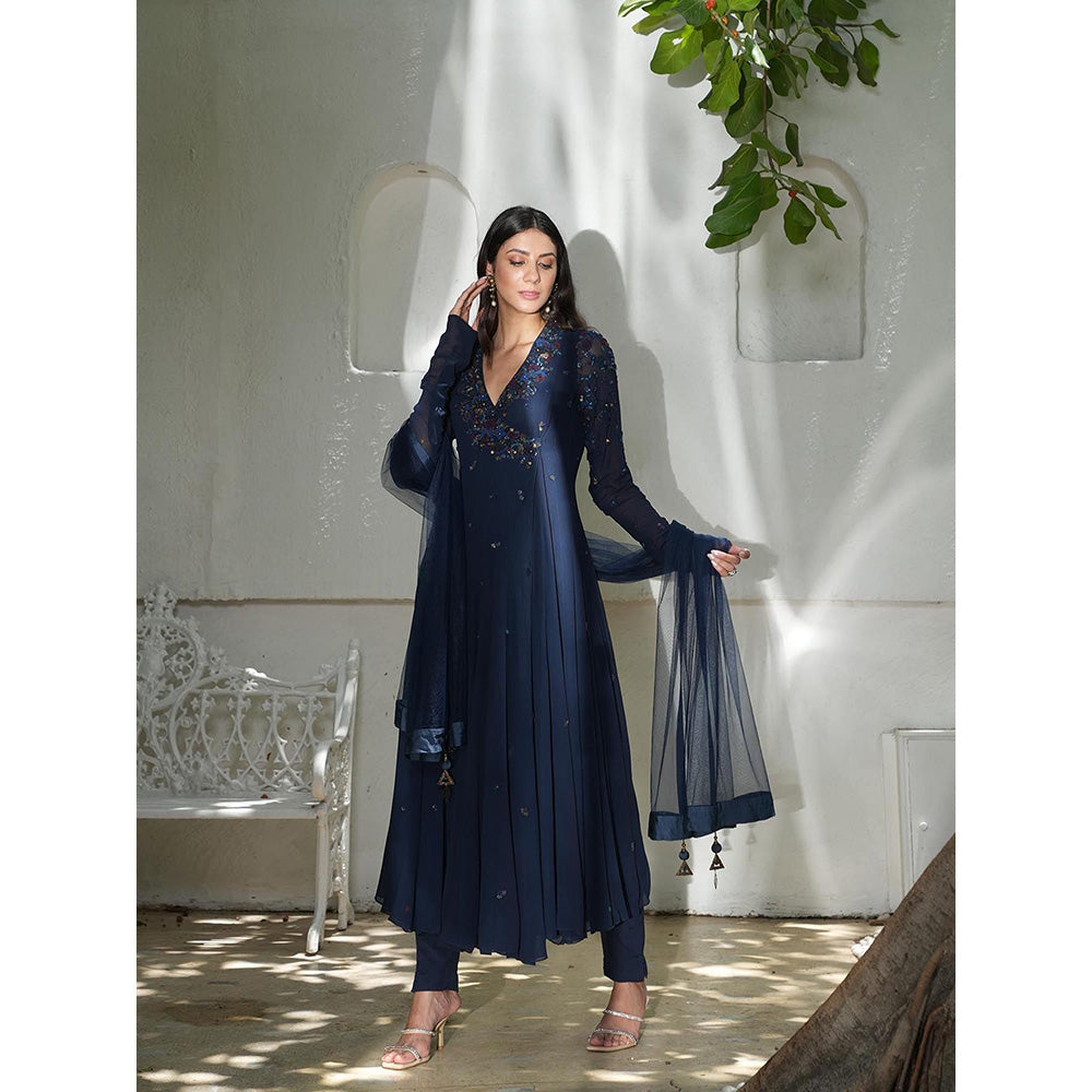 LABEL RUHBAB Navy Blue Silk Georgette Thread Angarkha with Pant and Dupatta