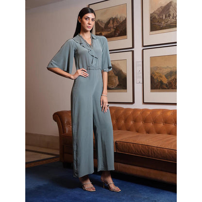 LABEL RUHBAB Green Silk Crepe Jumpsuit with Cutwork