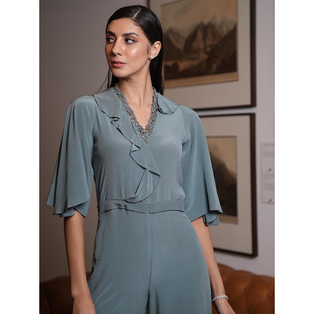 LABEL RUHBAB Green Silk Crepe Jumpsuit with Cutwork