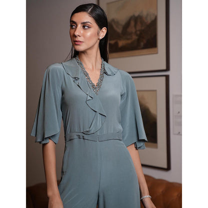 LABEL RUHBAB Green Silk Crepe Jumpsuit with Cutwork