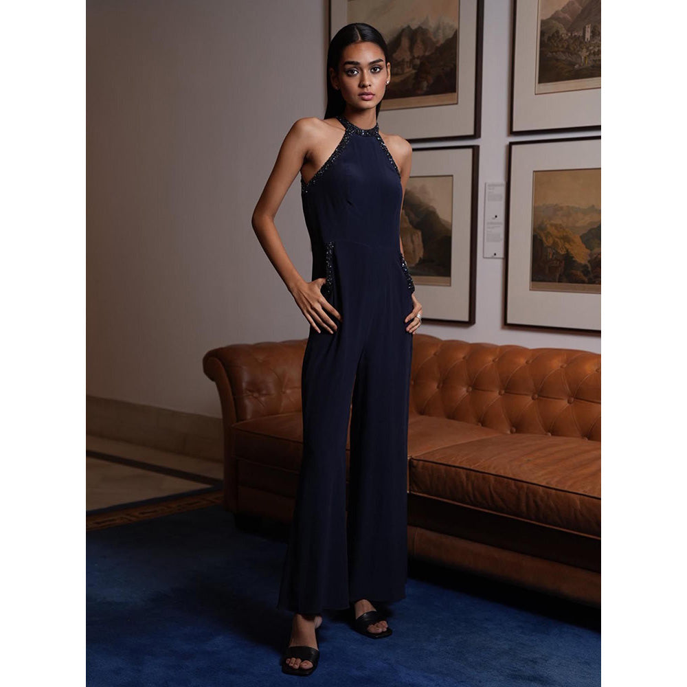 LABEL RUHBAB Navy Blue Silk Crepe Jumpsuit
