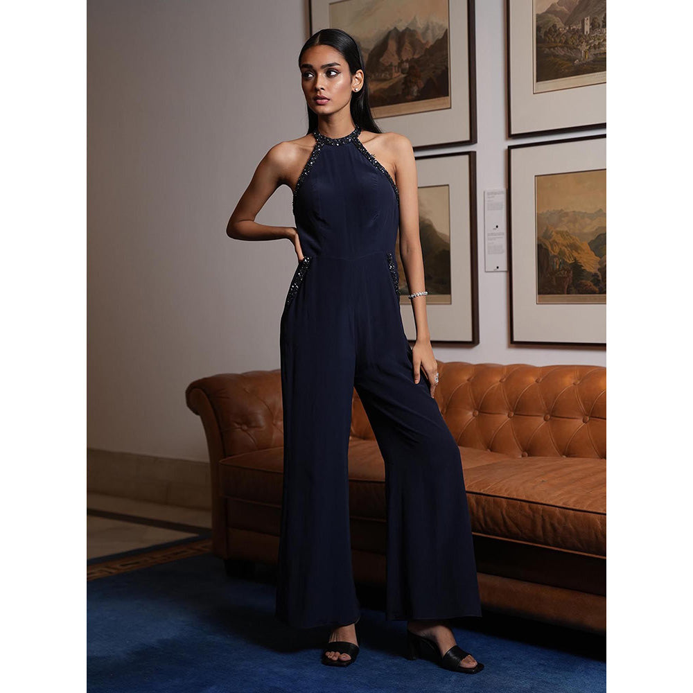 LABEL RUHBAB Navy Blue Silk Crepe Jumpsuit