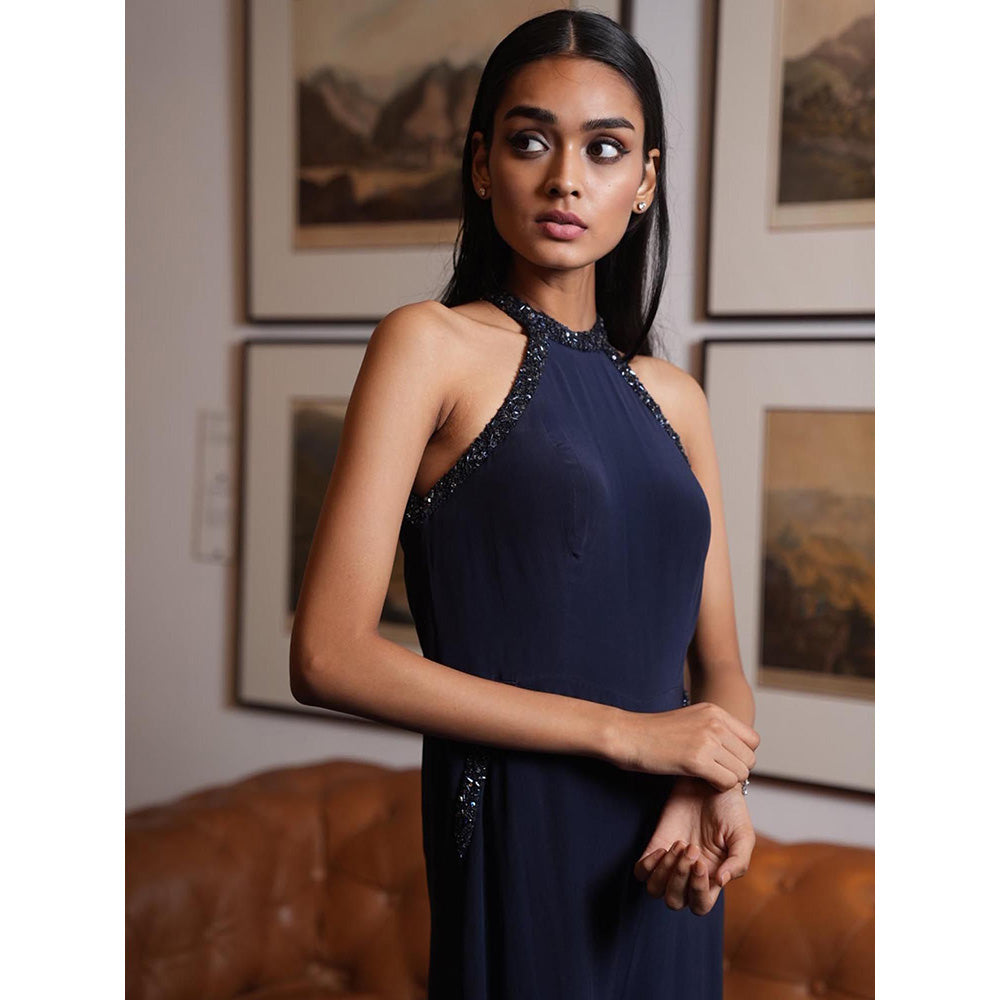 LABEL RUHBAB Navy Blue Silk Crepe Jumpsuit