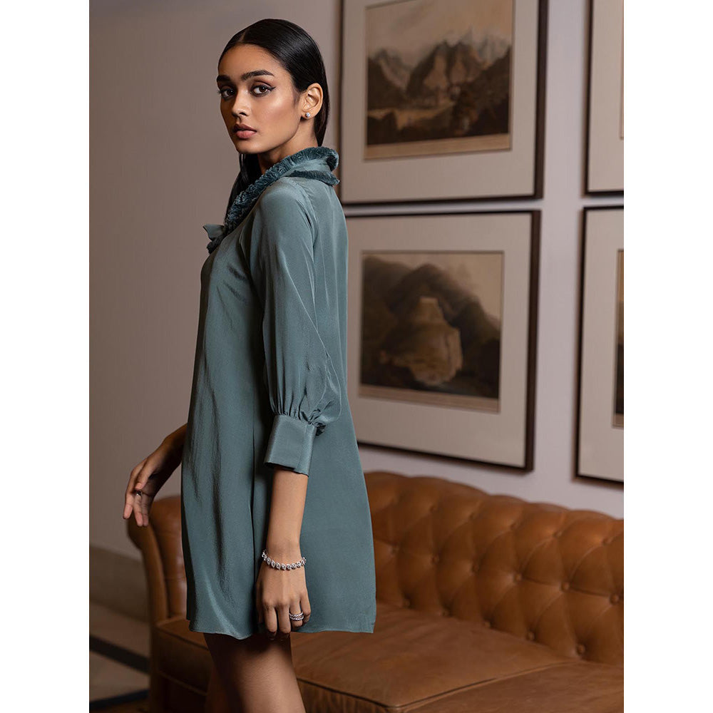 LABEL RUHBAB Green Fluid Fit Silk Crepe Dress with Tie-Up Neck Detailing