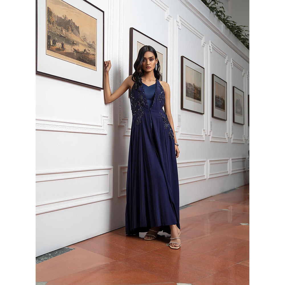 LABEL RUHBAB Purple Long Jacket with Flared Pant and Corset Top (Set of 3)