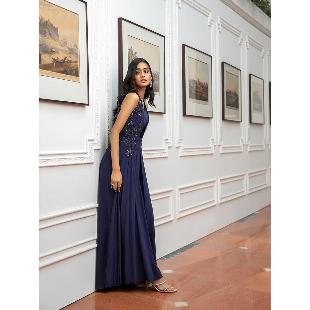 LABEL RUHBAB Purple Long Jacket with Flared Pant and Corset Top (Set of 3)