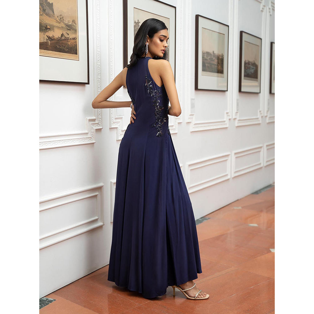 LABEL RUHBAB Purple Long Jacket with Flared Pant and Corset Top (Set of 3)