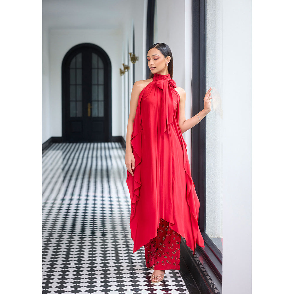 LABEL RUHBAB Red Draped Silk Crepe with A Tie-Up Bow Kurta and Pant (Set of 2)