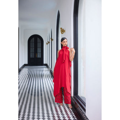 LABEL RUHBAB Red Draped Silk Crepe with A Tie-Up Bow Kurta and Pant (Set of 2)