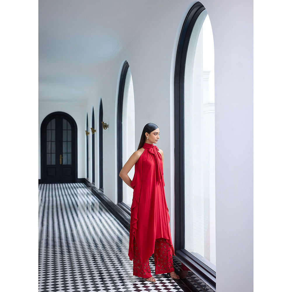 LABEL RUHBAB Red Draped Silk Crepe with A Tie-Up Bow Kurta and Pant (Set of 2)