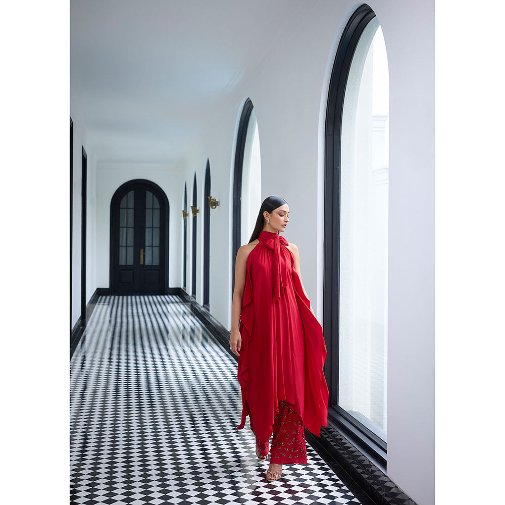 LABEL RUHBAB Red Draped Silk Crepe with A Tie-Up Bow Kurta and Pant (Set of 2)