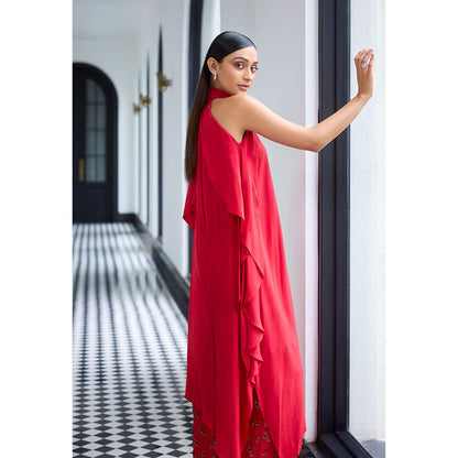 LABEL RUHBAB Red Draped Silk Crepe with A Tie-Up Bow Kurta and Pant (Set of 2)