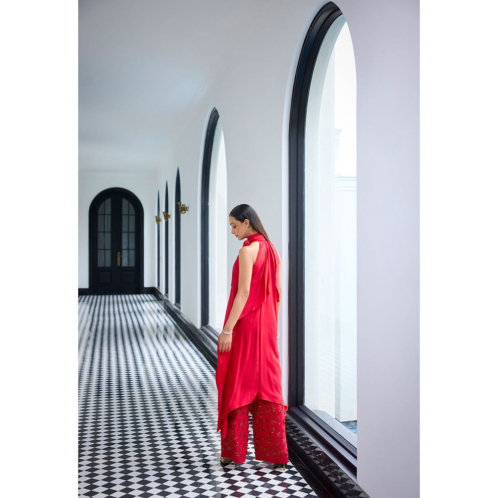 LABEL RUHBAB Red Draped Silk Crepe with A Tie-Up Bow Kurta and Pant (Set of 2)