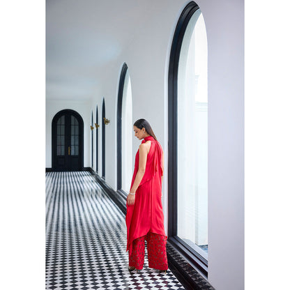 LABEL RUHBAB Red Draped Silk Crepe with A Tie-Up Bow Kurta and Pant (Set of 2)