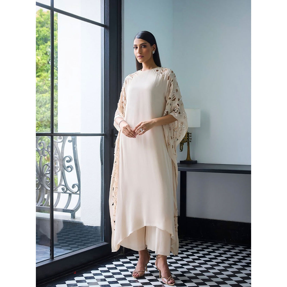 LABEL RUHBAB Ivory Premium Silk Georgette Kaftan and Pant (Set of 2)