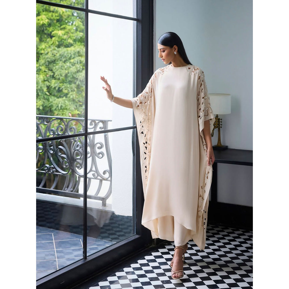 LABEL RUHBAB Ivory Premium Silk Georgette Kaftan and Pant (Set of 2)